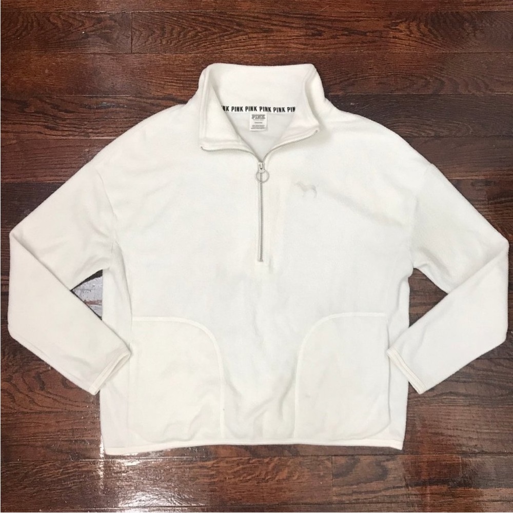 PINK white fleece cotton blend 1/2 zip pullover long sleeve lightweight sweater